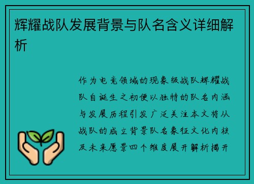辉耀战队发展背景与队名含义详细解析