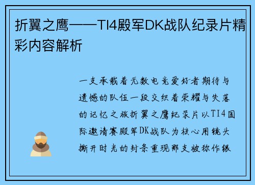 折翼之鹰——TI4殿军DK战队纪录片精彩内容解析